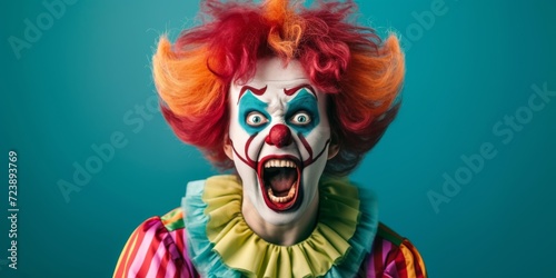A Colorful Clown With Exaggerated Makeup And Costume Calls Out And Shouts. Сoncept Circus Act, Entertaining Performance, Clown Makeup, Exaggerated Costume.