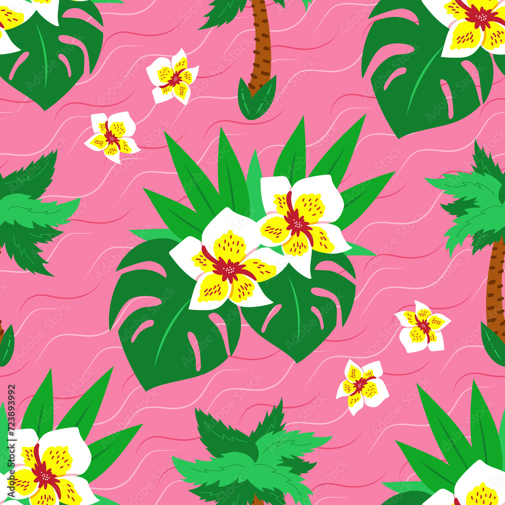pink tropical flowers and leaves seamless surface pattern with orchid monstera palm pink tropical flowers and leaves seamless surface pattern with orchid monstera palm