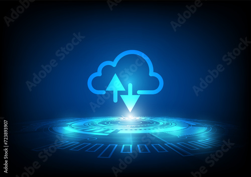 Cloud storage. From the cloud in the world map. A digital service or application that transfers data to a server or hosting service. Data transfer protection and data center connection network.