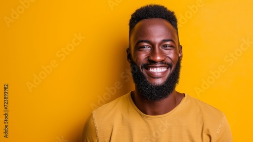 Happy African American man with beard wearing yellow shirt