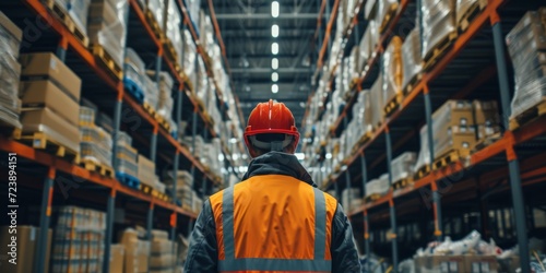 A Skilled Worker In Safety Gear Navigates A Bustling Warehouse Of Merchandise. Сoncept Warehouse Operations, Safety Equipment, Skilled Worker, Merchandise Management