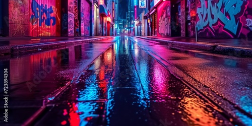 A Vibrant Urban Night Scene With A Wet Street  Graffiti  And Colorful Lights.   oncept Nightlife Photography  Street Art   Graffiti  Urban Reflections  Neon Lights  Moody Cityscape