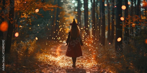 Print op canvas A Young Witch Girl Conjures Magic In A Spooky Forest On Halloween