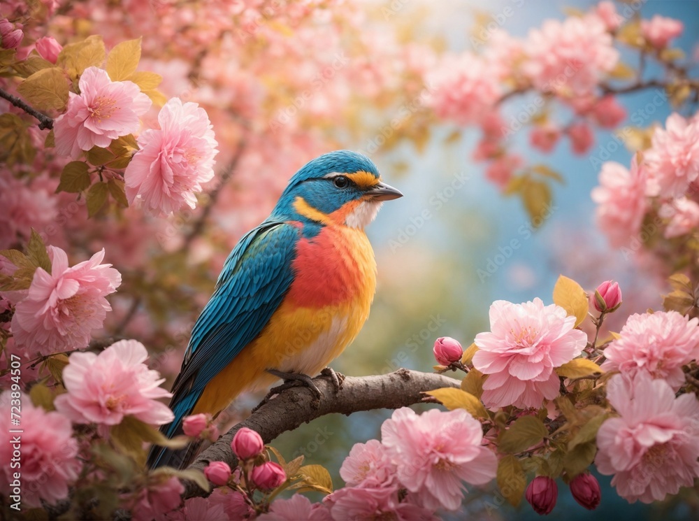 small bird sits in a sunny garden with flowers. AI Generated.