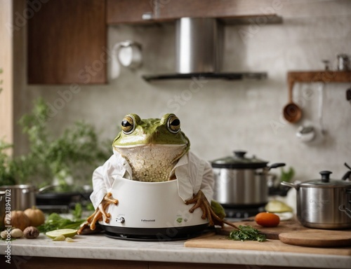 Cute frog chef cooking food. AI Generated.