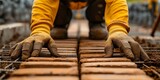 Closeup Of A Diligent Construction Worker Expertly Laying Bricks On Site. Сoncept Construction Worker, Laying Bricks, Diligence, Expertise