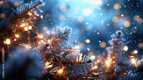 Close-up view of bunch of lights on tree. This image can be used to add festive touch to holiday-themed designs or to create warm and cozy atmosphere