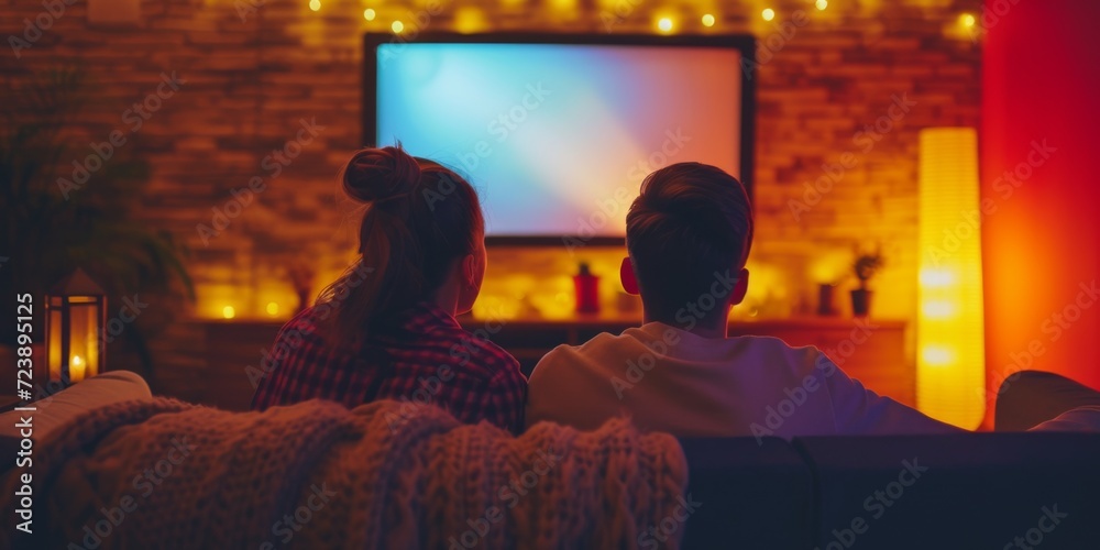 Immersed In A Flickering Flat Screen Ambiance: A Cozy Movie Night For A Blissful Couple. Сoncept Romantic Movie Night, Cozy Ambiance, Flickering Flat Screen, Blissful Couple
