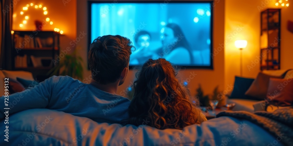 Couple Enjoying A Cozy Movie Night, Immersed In A Flickering Flat Screen Ambiance. Сoncept Cozy Movie Night, Flickering Ambiance, Couple's Entertainment, Immersed In Film, Relaxing Movie Date