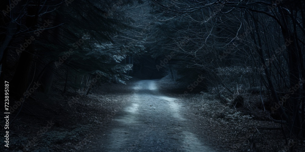 Dark, Foreboding Forest Path At Night, Illuminated Only By Moonlight. Сoncept Abandoned Haunted House, Mysterious Foggy Cemetery, Eerie Graveyard Shadows