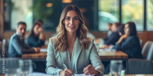 Confident Woman Leading A Productive Business Meeting With Professionalism And Expertise. Сoncept Productive Business Meeting, Confident Woman, Professionalism, Expertise