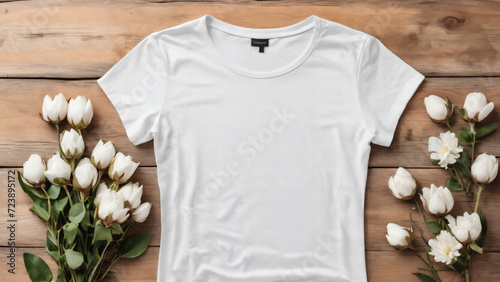 a white t - shirt and flowers on a wooden surface , detailed product photo