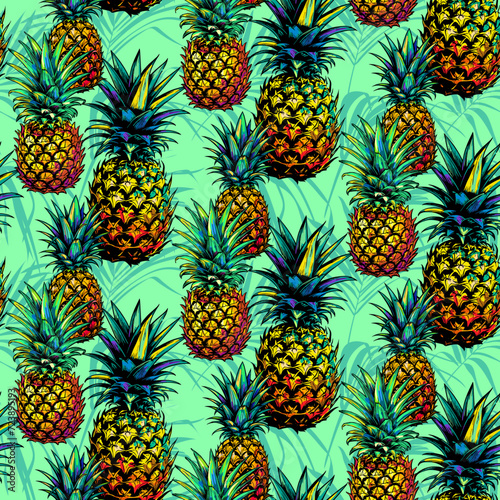 multicolor pineapple - Seamless pattern, realistic sketch, vintage style, vector botanical illustration