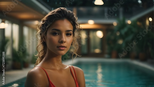portrait of a woman in the pool. a girl in swimming pool