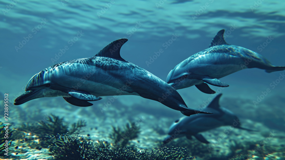 Dolphins gracefully swimming in ocean. Ideal for marine life enthusiasts and nature lovers