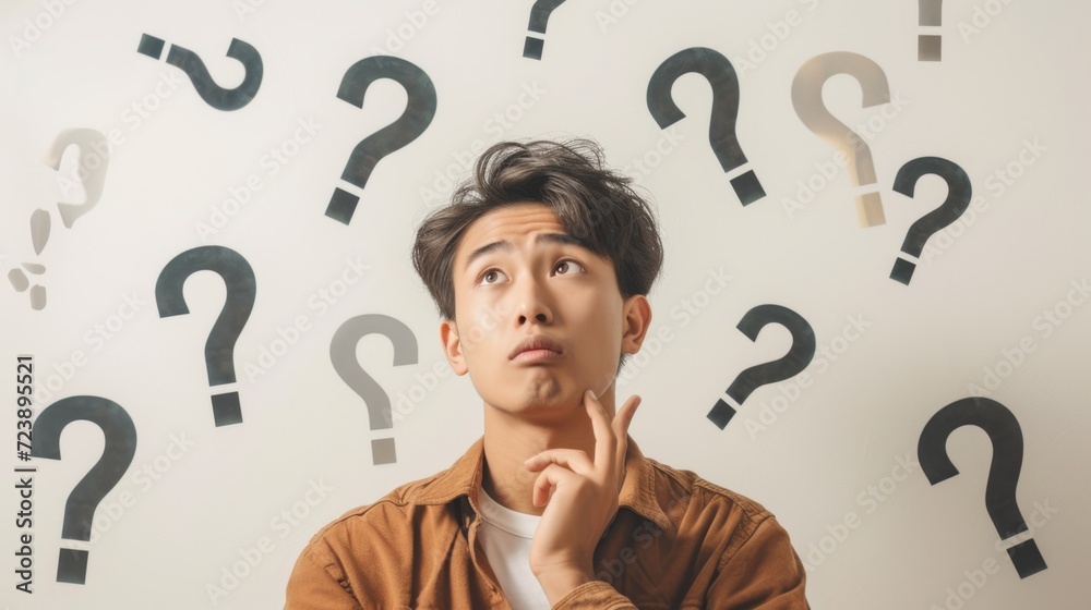 Pensive Young Man Surrounded by Question Marks, Symbolizing Curiosity and Confusion Pensive Young Man Surrounded by Question Marks, Symbolizing Curiosity and Confusion
