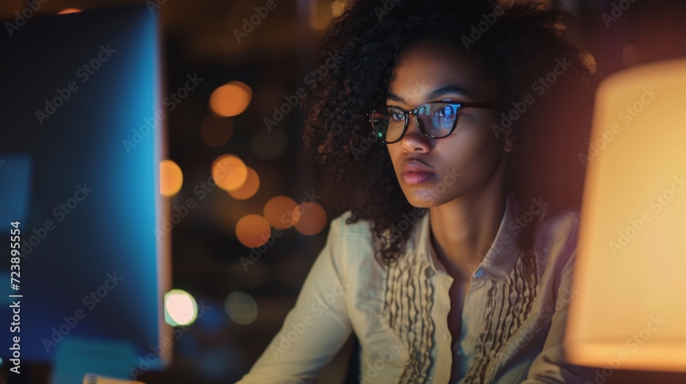 Focused Professional Working Late at Office, Illustrating Dedication and Hard Work Focused Professional Working Late at Office, Illustrating Dedication and Hard Work