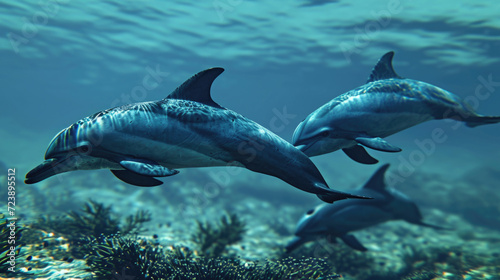 Dolphins gracefully swimming in ocean. Ideal for marine life enthusiasts and nature lovers