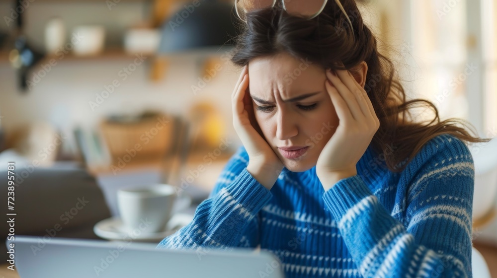 Young woman feeling stressed while working on a laptop, overwhelmed with work, home office concept Young woman feeling stressed while working on a laptop, overwhelmed with work, home office concept