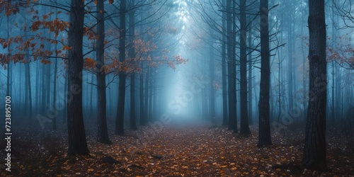 Magical Misty Forest Evokes An Eerie Atmosphere With A Combination Of Fog And Morning Chill. Сoncept Enchanting Fairy Portraits, Mystical Woods Photoshoot, Ethereal Foggy Scenes