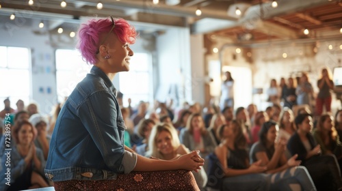 Confident speaker with pink hair at a creative workshop, audience engagement and leadership concept