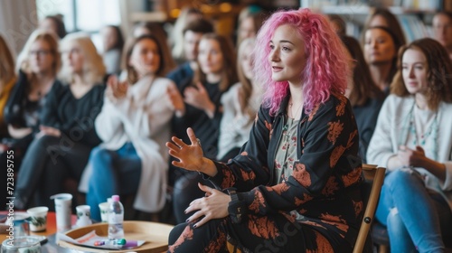 Engaged young woman with pink hair participating in a seminar, focused audience in blurred background