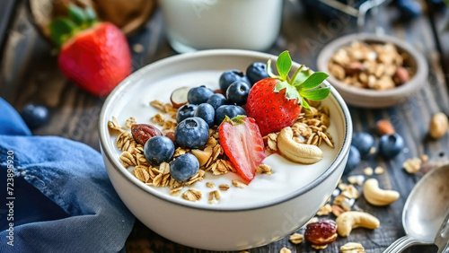 Delicious bowl of granola topped with fresh strawberries and blueberries. Perfect for healthy breakfast or snack