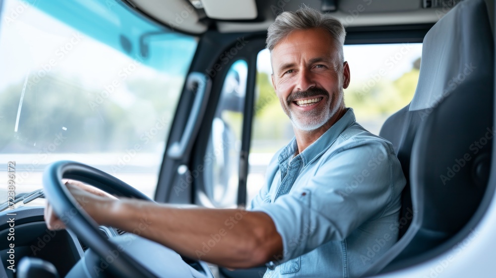 Confident truck driver in the cabin of a modern truck, showcasing the professionalism and pride of the transportation industry Confident truck driver in the cabin of a modern truck, showcasing the professionalism and pride of the transportation industry