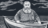 Portrait of an old fisherman in a boat, engraving style, vector illustration