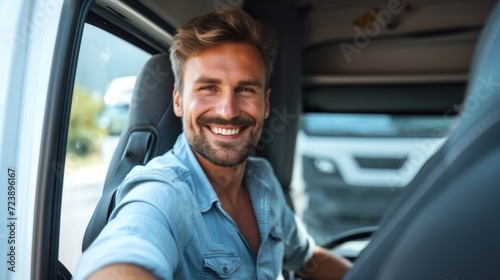 Cheerful truck driver smiling confidently in the cab of his truck, representing the face of reliable transportation services