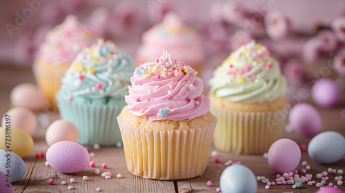 Decorated pastel colors cupcakes for Easter celebrations , Cupcakes adorned with icing, frosting, and sprinkles create a delightful and colorful treat , Generative AI 