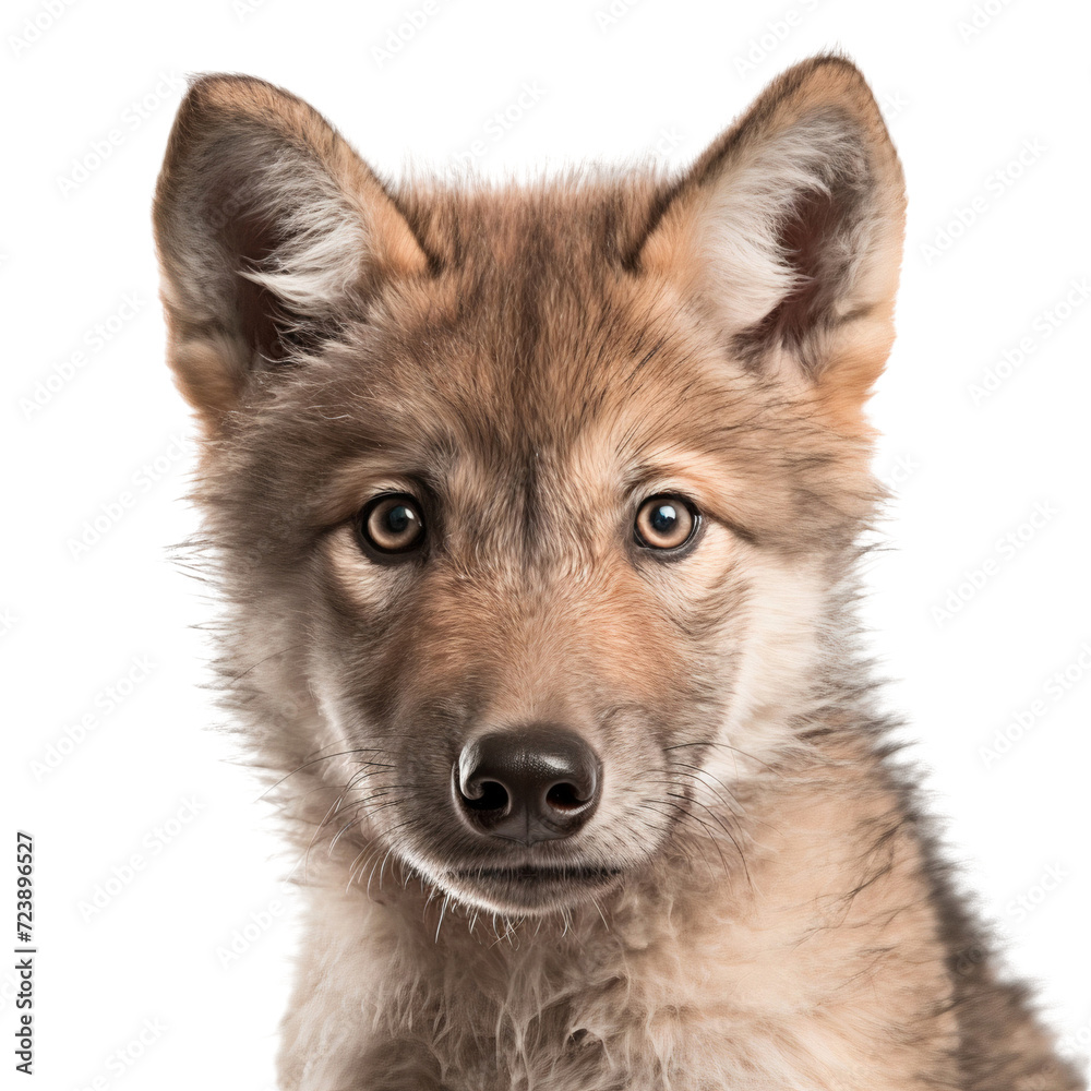Close up of a baby gray wolf face, isolated on transparent background