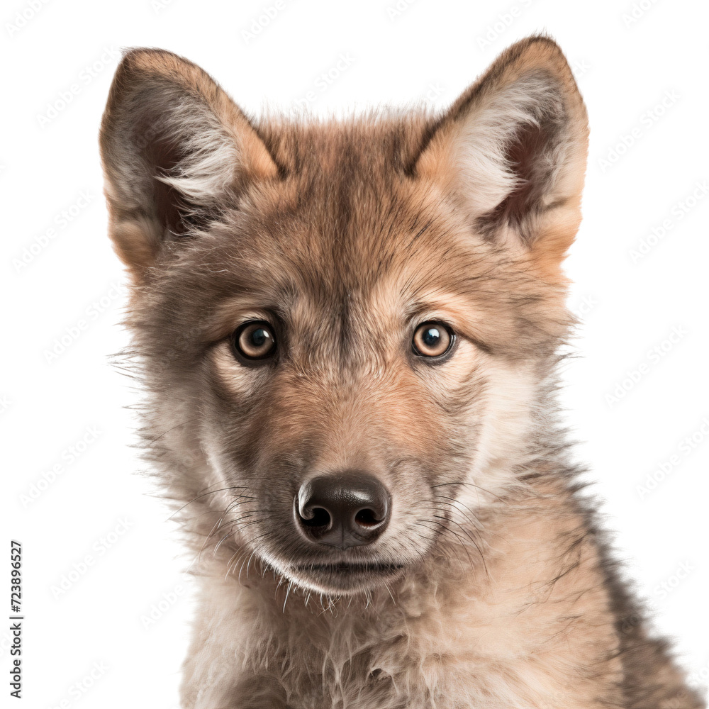 Fototapeta premium Close up of a baby gray wolf face, isolated on transparent background