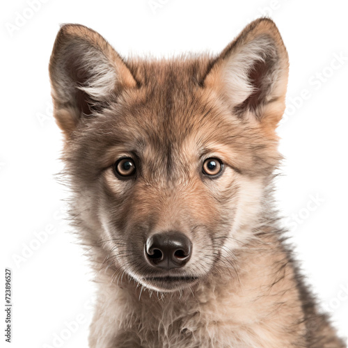 Close up of a baby gray wolf face  isolated on transparent background