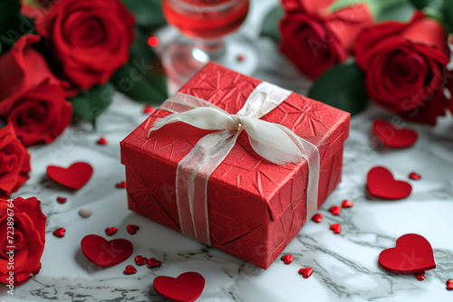 Love Valentine's Day Gift and Roses on Marble table Background. A beautifully wrapped Valentine's Day gift accompanied by red roses and small heart decorations on an elegant marble surface.