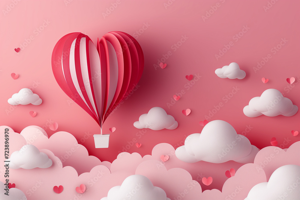 Heart Hot Air Balloon in Pink Valentine's Day Sky
Romantic heart-patterned hot air balloon soaring through a dreamy pink sky filled with fluffy clouds and small hearts.