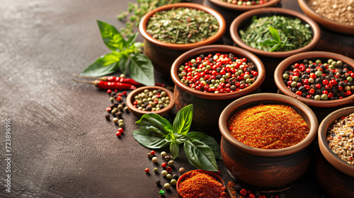 Different Seasonings in Cups. Spice Background On
