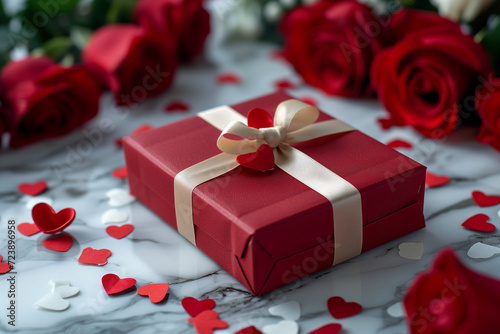 Love Valentine's Day Gift and Roses on Marble table Background. A beautifully wrapped Valentine's Day gift accompanied by red roses and small heart decorations on an elegant marble surface.