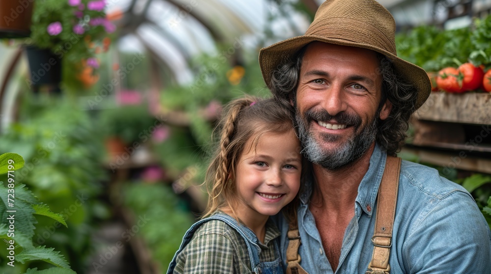 Happy farmer dad father with daughter child on piggyback walking fun in garden greenhouse