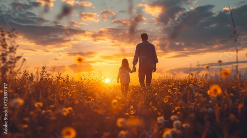Man, woman or child holding hands on farm and sunset walking