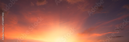 Sunset sky, Dramatic dusk sky in the Evening with wind golden hour sunlight Background, Horizon panorama sky fluffy cloud fantastic  