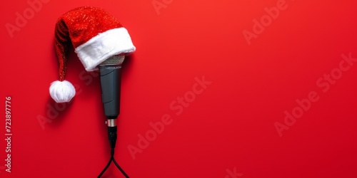 Festive Red Background With A Microphone Adorned By A Santa Claus Hat. Сoncept Holiday Karaoke, Santa's Singalong, Festive Musical Performances photo