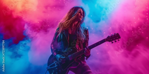 Fierce Female Rock Guitarist Ignites Stage With Blazing Guitar Skills Amidst Vibrant Neon Backdrop. Сoncept Hauntingly Beautiful Forest Landscape, Romantic Sunset Kisses On The Beach