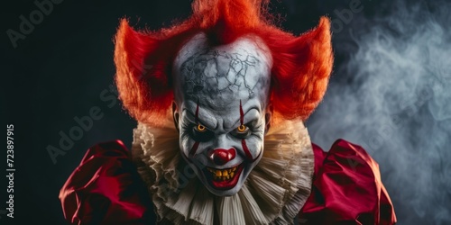Frightening Clown On Clear Backdrop, Giving A Spinechilling Vibe For Halloween. Сoncept Haunted House With Creepy Atmosphere, Dark Forest With Mysterious Creatures, Zombie Apocalypse Scene