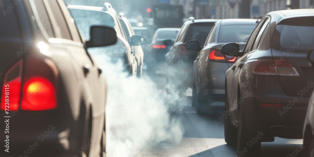 Car Stuck In Traffic Releases Visible Exhaust Fumes, Aggravating Air Pollution. Сoncept Rising Levels Of Air Pollution, Environmental Impact Of Traffic, Harmful Effects Of Exhaust Fumes