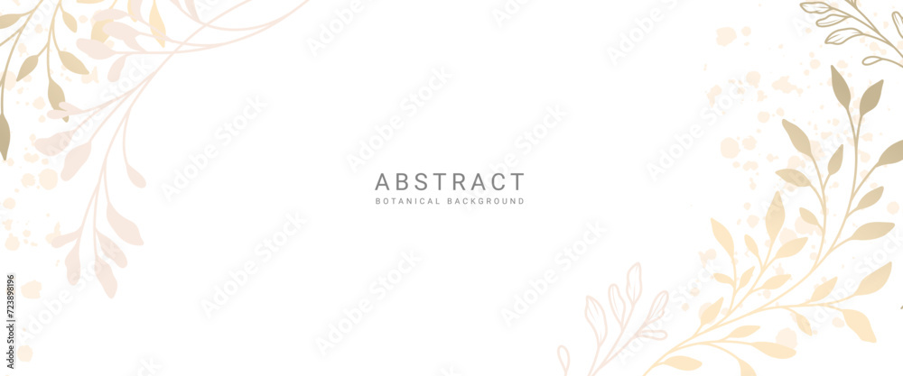 Abstract botanical background with golden line art branches and leaves. Neutral corner decoration with minimal style. Vector illustration for card, banner, invitation, advertising and packaging