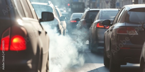 Car Stuck In Traffic Releases Visible Exhaust Fumes, Aggravating Air Pollution. Сoncept Rising Levels Of Air Pollution, Environmental Impact Of Traffic, Harmful Effects Of Exhaust Fumes