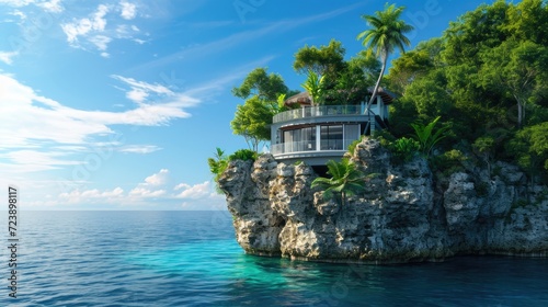 modern houses on tropical beach paradise surrounded by lush gardens, featuring palm trees, a serene ocean view, and a picturesque coastline with sandy shores and rocky elements