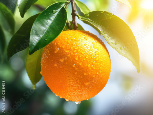 Orange hanging on a tree branch in a vibrant orchard, surrounded by fresh leaves and the beauty of nature in summer and autumn