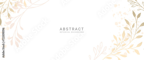 Abstract botanical background with golden line art branches and leaves. Neutral corner decoration with minimal style. Vector illustration for card, banner, invitation, advertising and packaging